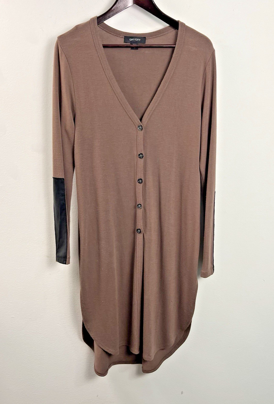 Karen Kane Long Tan Button Front V Neck Duster Cardigan Faux Leather size Medium